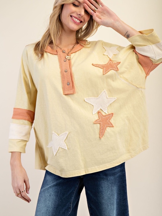 easel Tops - NEW EASEL STAR PATCH HENLEY TOP LIGHTWEIGHT PULLOVER 1/4 BUTTON SHIRT OVERSIZED